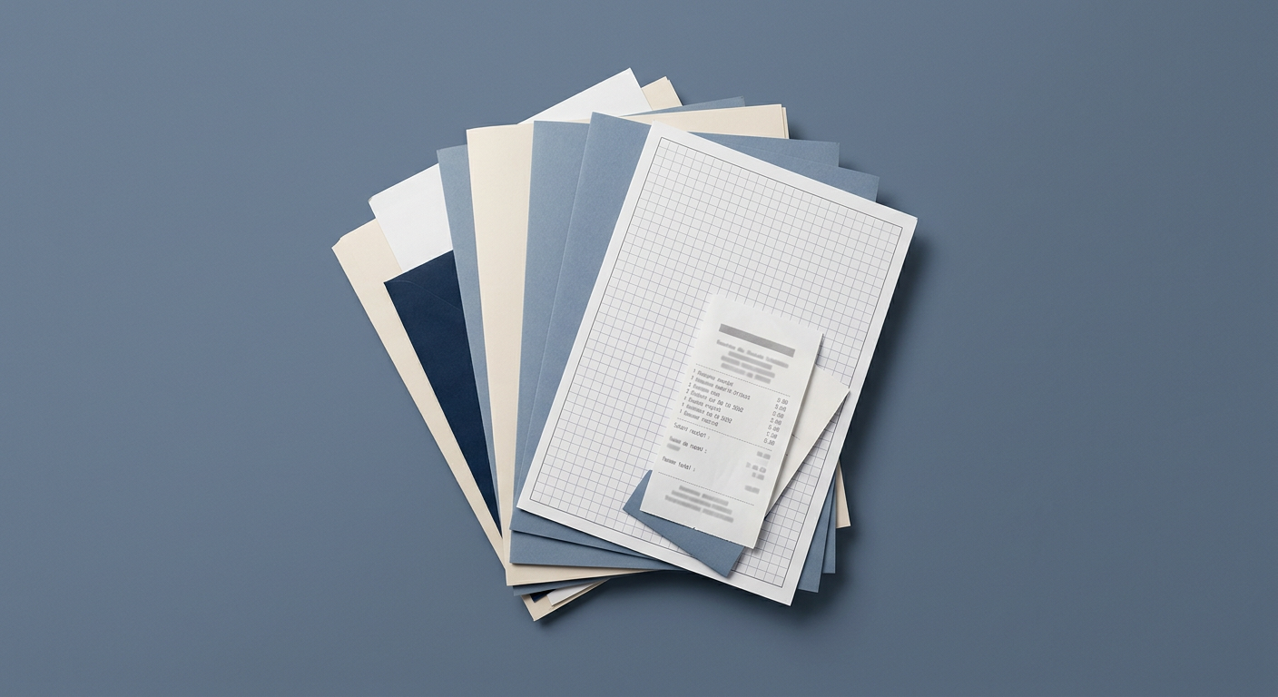 Pile de factures et contrats du foyer : banque, assurance, mobile, courses